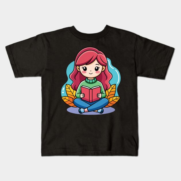 Cute Girl Reading a Book Kids T-Shirt by Surrealcoin777
